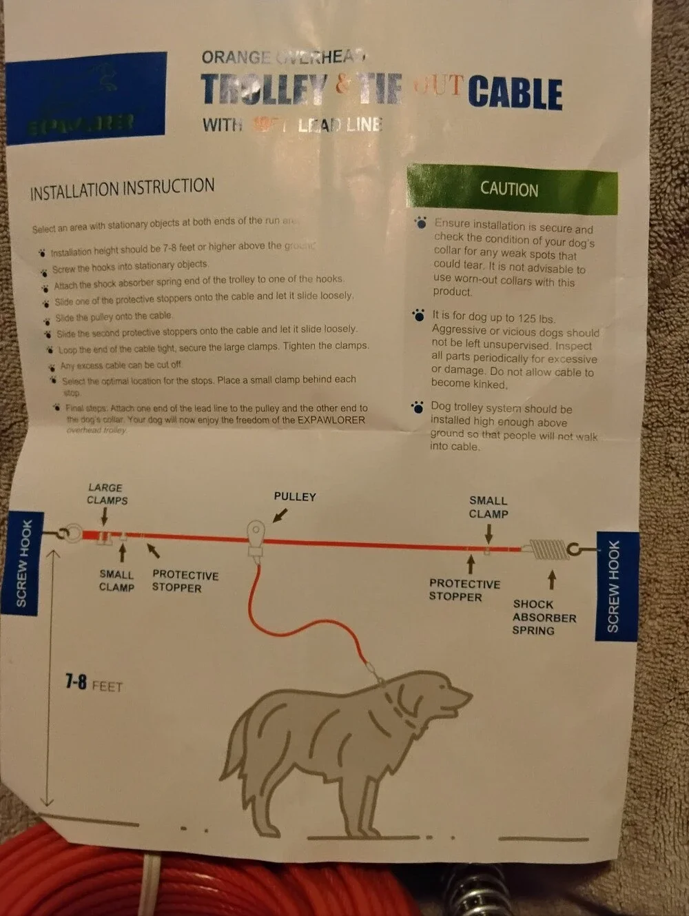 Orange Overhead Trolley & Tie-Out Cable for Dogs Nwt